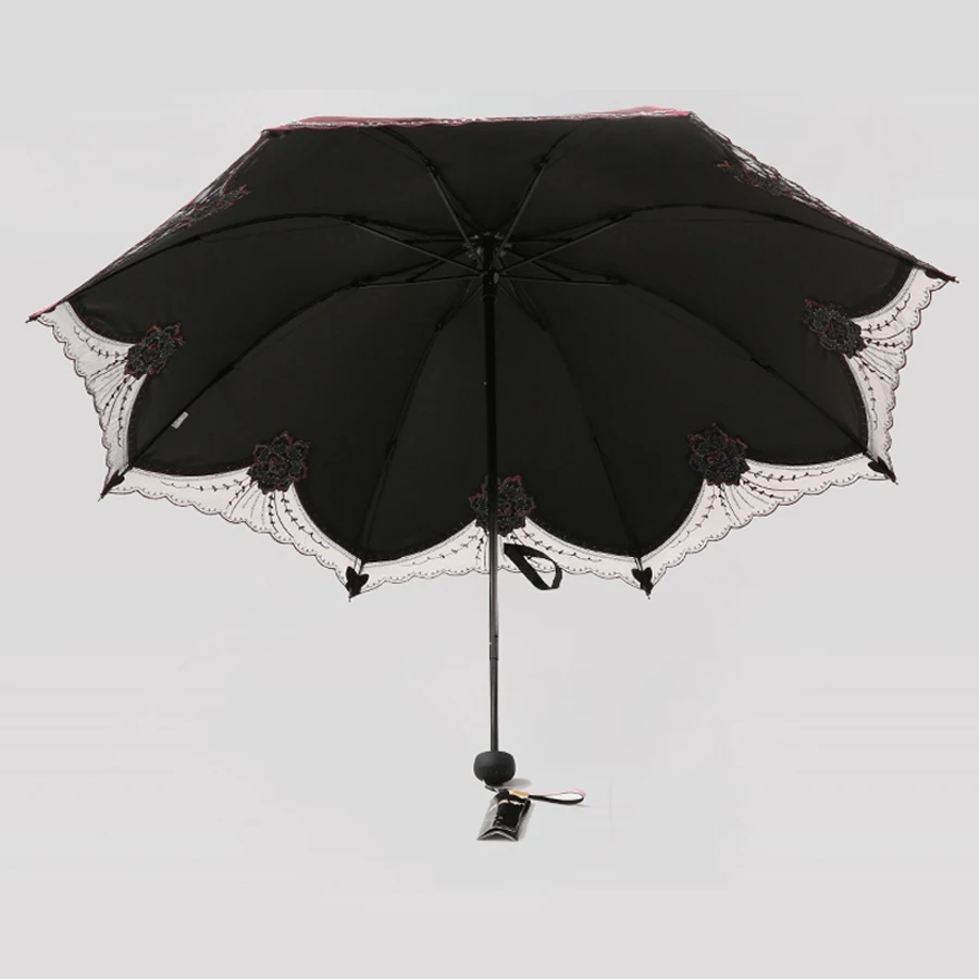 Beautiful Women Lace Umbrella Anti UV Black Coating Parasol 3 Folding Sun Rain Umbrella Adult Princess Lace Umbrella