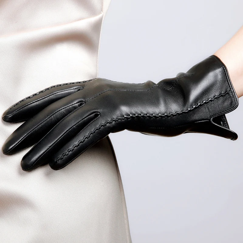 Guantes elegantes de piel de cordero auténtica para mujer, manoplas de terciopelo con pantalla táctil, alta calidad, a la moda, para otoño e