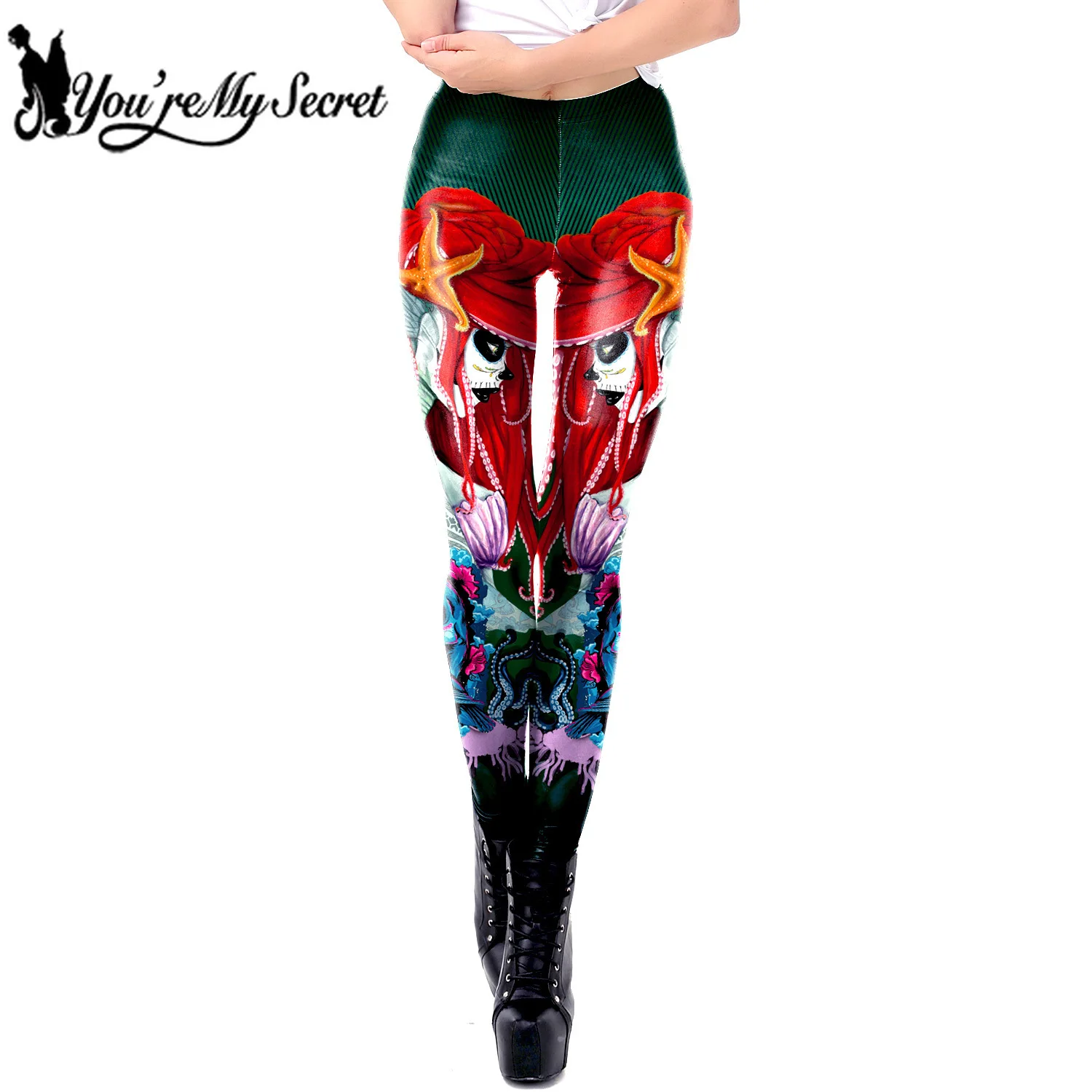 

[You're My Secret] 2021 High Waist Cropped Pants Push-up Fitness Joker Leggings Skull Cartoon Elastic Stretch Tight Legins Pants