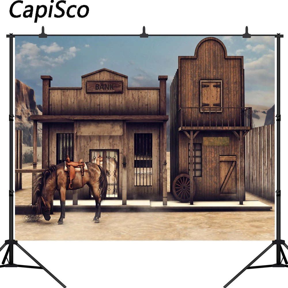 

Capisco Old US Wild Western Scenery Horse Bank Cowboy Saloon Scenery Children Photography Background vinyl Backdrop Photo Studio