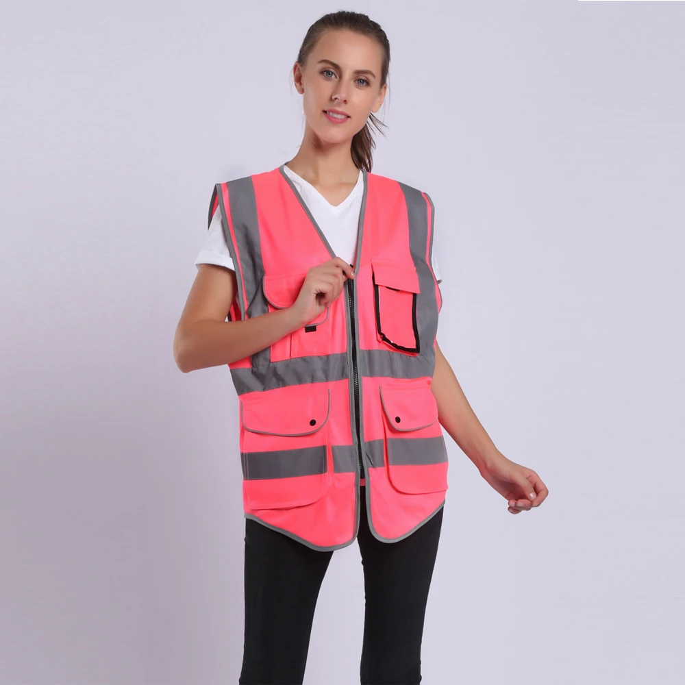 Colete de alta visibilidade feminino, roupas de trabalho, uniformes com bolsos, rosa