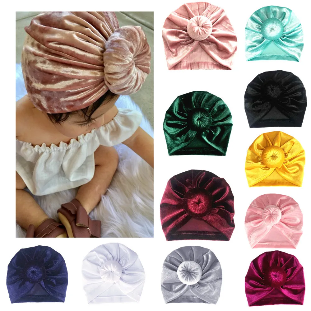 Infant Newborn Kids Baby Hats Turbans Caps Lovely Children Headwear Wrinkle Solid Caps Toddler Velvet Cap Accessories