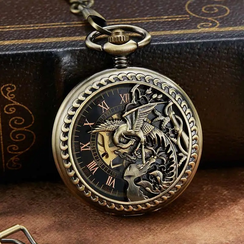 

Bronze Hollow Unique Dragon Phoenix Sculpture Mechanical Pocket Watch Retro Luckly Symbol Roman Skeleton Mechanical Pocket Watch