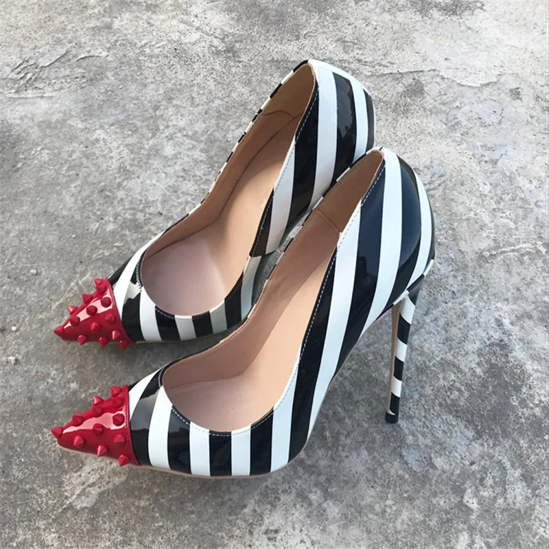 

Туфли-лодочки 12 см, женские туфли на высоком каблуке с острым носком, вечерние свадебные туфли на шпильке, черно-белые полоски с заклепками, тонкие каблуки 10 см MD004