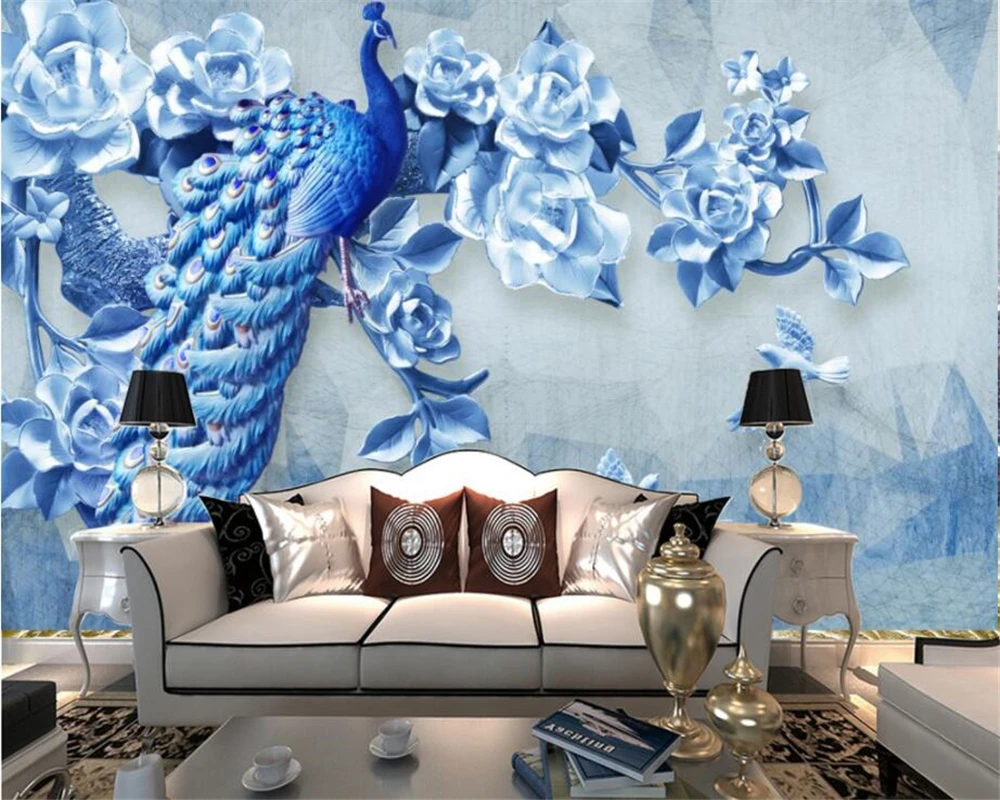 Beibehang Custom wallpaper Chinese Embossed Blue Peacock Peony TV backdrop Living room bedroom background wall 3d wallpaper