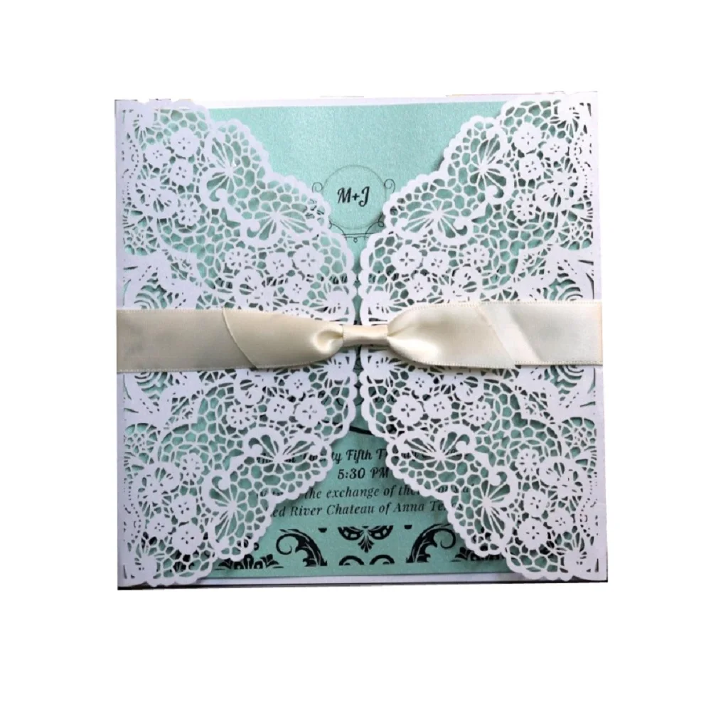 

White Square Laser Cut Hollow Lace Invites Wedding & Engagement Invitation Cards Customized(White,Blue, Pink,Purple)