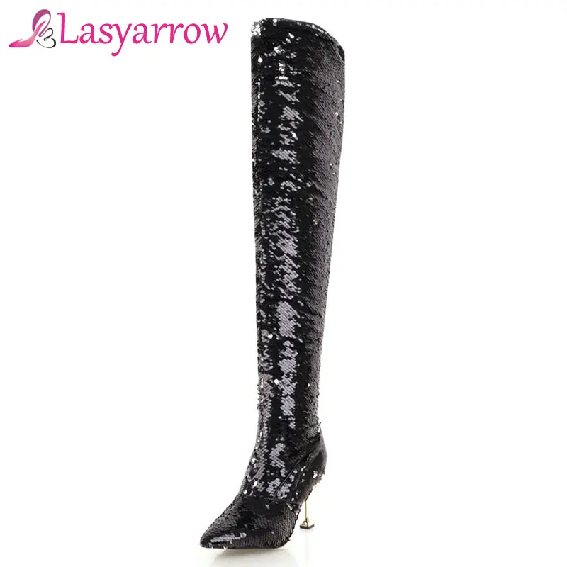 Lasyarrow Bling Bling Sopra Il Ginocchio Slim Fit Lunghi Stivali Scintillante Metallo Sottile di Alta Della Coscia Tacco Stivali Alti Pattini di