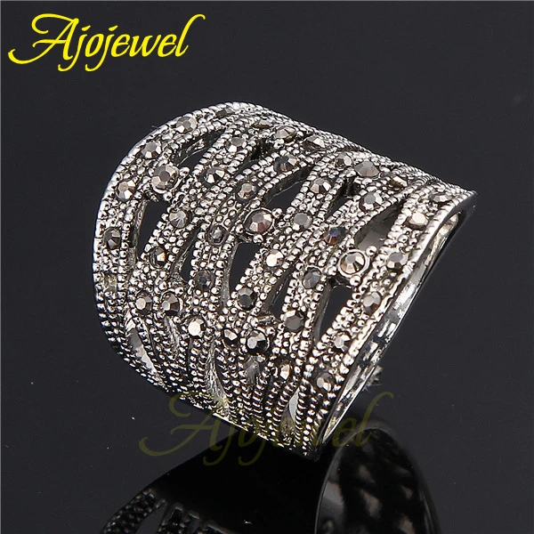 Ajojewel Big Luxuoius Pave Black CZ Retro Women Brand Geometric Ring Femininas Jewelry