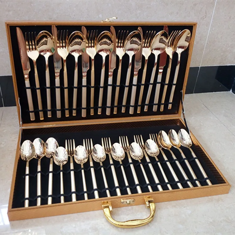 Stainless Steel Kitchenware Set, Western Soup Scoop, Luxurious Dinner Fork, Golden Cover Dinnerware, Gift Cutlery, 36Pcs, Set