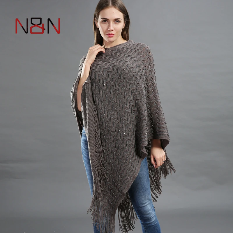 New Pullover Women Poncho Plus Size Batwing Solid Striped Sequins Scarf Winter Thick Tassel Sweater Sleeve Poncho And Capes