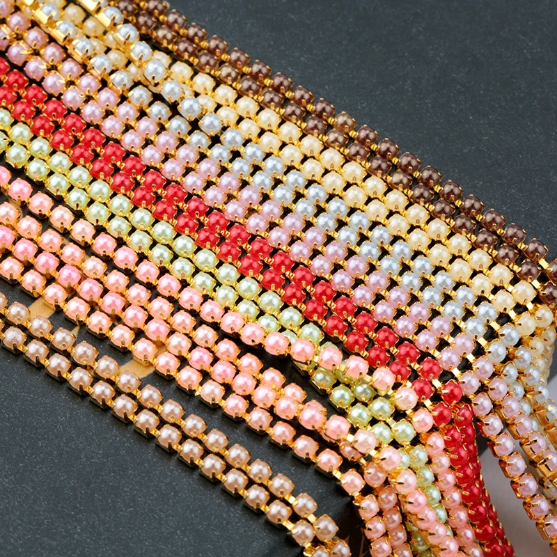 New ABS Colorful Pearl Copper Chain SS6 2/2.5mm Gold Base Cup Pearl Chain Apparel Sewing diy Beauty Accessories