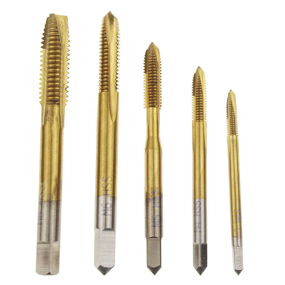 5Pcs Titanium Coated Metric Hss Spiral Gecanneleerd Machine Schroef Tap M3 M4 M5 M6 M8 Spiraal Wees Kranen Tikken draad Vormen