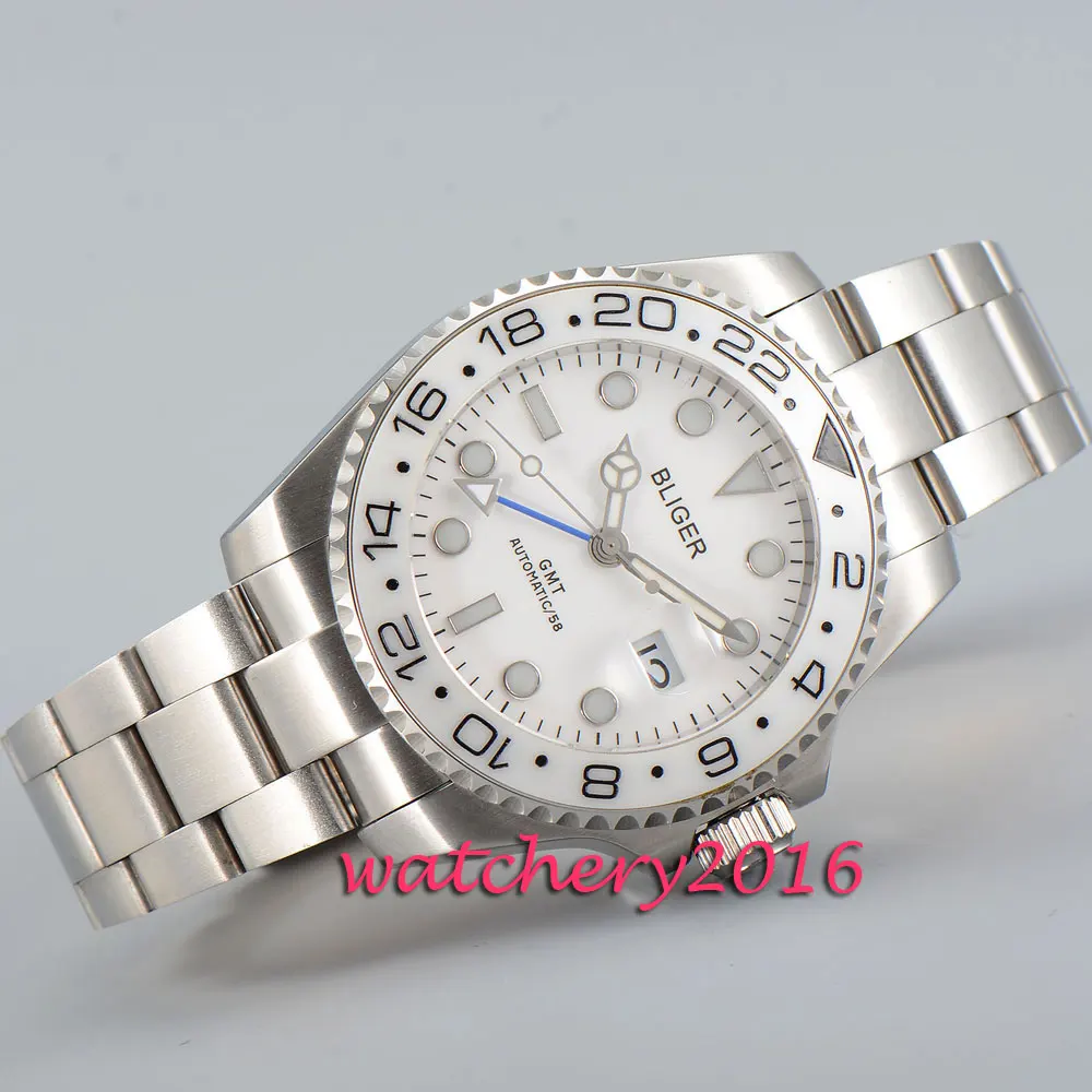 

Casual Simple 43mm Bliger sapphire glass white dial date adjust ceramic bezel GMT Automatic movement Men's Mechanical Wristwatch