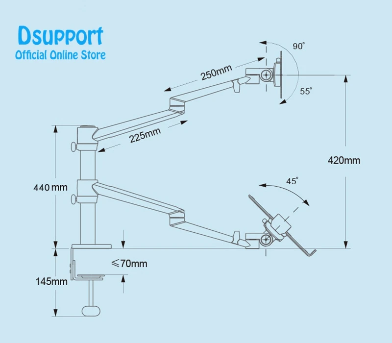 Aluminum Height Adjustable Desktop Dual Arm 17-32 inch Monitor Holder+10-17 inch Laptop Stand OLL-3L Full Motion Mount Arm