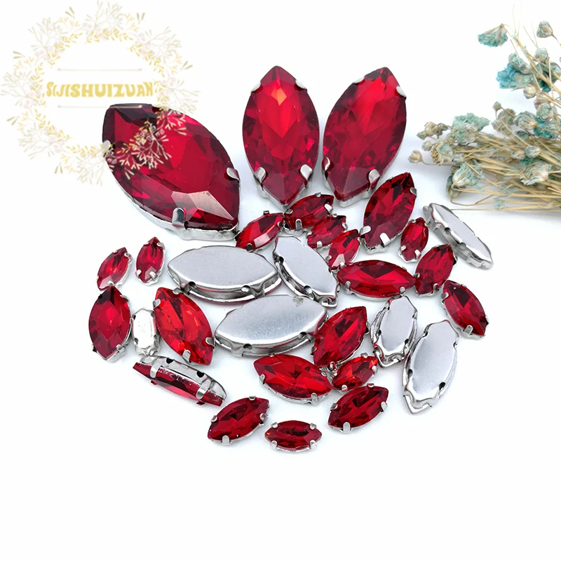 30 pezzi 8 taglie popolari! MIX red Horse eye Size Crystal Glass Sew-on strass Silver Bottom abiti e scarpe da donna fai da te