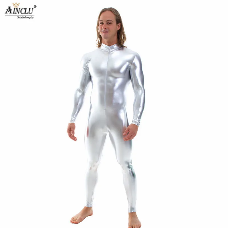 Mallas metálicas brillantes de látex Zentai para hombre, Body negro, dorado, plateado, cremallera frontal, Spandex, manga larga, traje de cuerpo completo