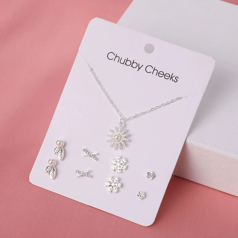 Korean Simple Cute Star Heart plated Necklace Earrings Set Fashion Leaf Earrings Pearl Crystal Necklace Jewelry NE+EA