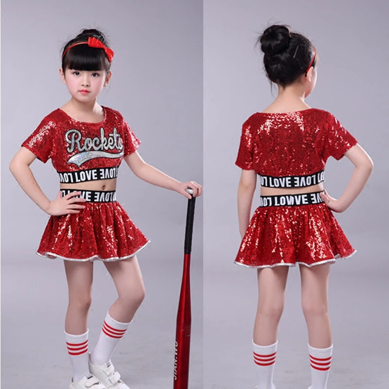 Dei bambini di jazz costumi di danza delle ragazze ombelico esposto moderni abiti da ballo per bambini paillettes cheerleading abbigliamento nuovo