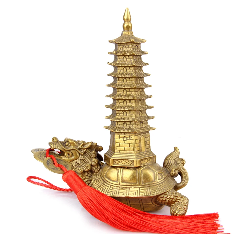 

Brass Feng Shui Dragon Turtle Carrying Pagoda Wealth Protection Statue Figurine Housewarming Congratulatory Gift Home Decor