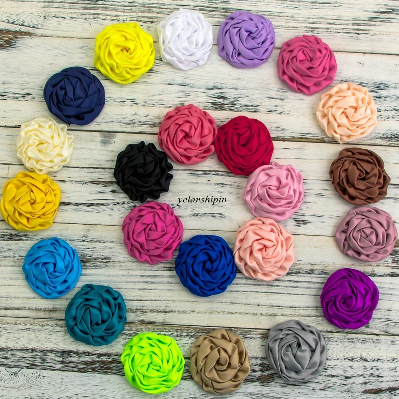 

120pcs/lot 3.2"15 Colors Hair Clips Hot Sale High Quality Fabric Soft Silk Rosette Satin Flower For Hair Accessories Supplies