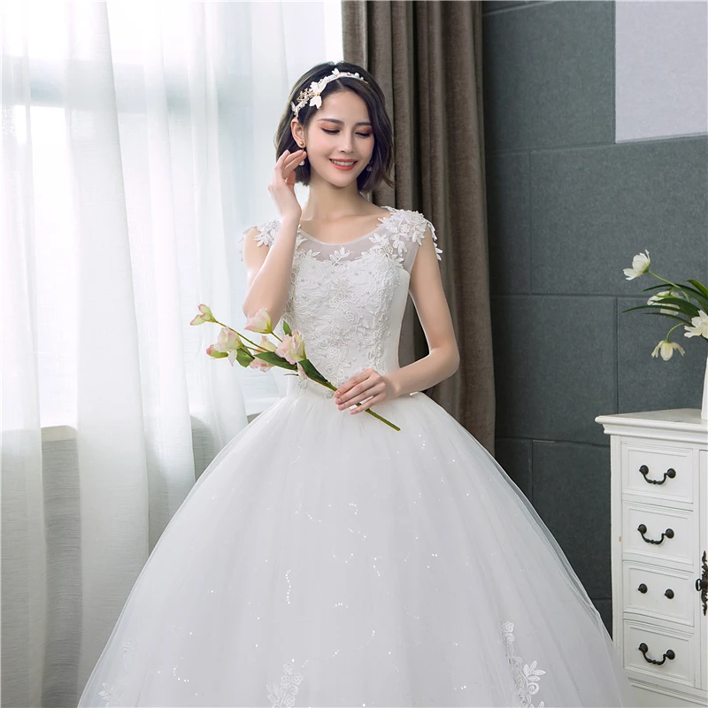 Cheap Wedding Dresses New Sweet Customized Plus Size O Neck Lace Appliques Korean Ball Gown Bridal Dress Vestido De Noiva