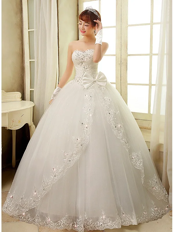 

Ball Gown Wedding Dress Sweetheart Applique Lace Up Handmade Bridal Gown with Bows Size 2 4 6 8 10 12 14 16