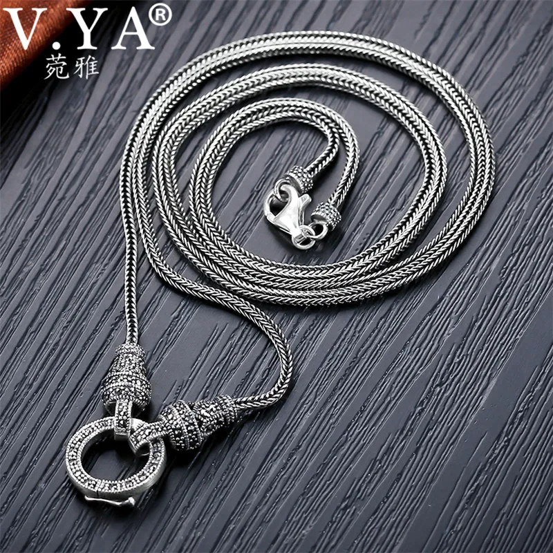 V.YA Thai Silver Long Chain Necklace for Women 925 Sterling Silver Marcasite Stone Pendant Necklaces 1.5mm 60cm 70cm 75cm 80cm