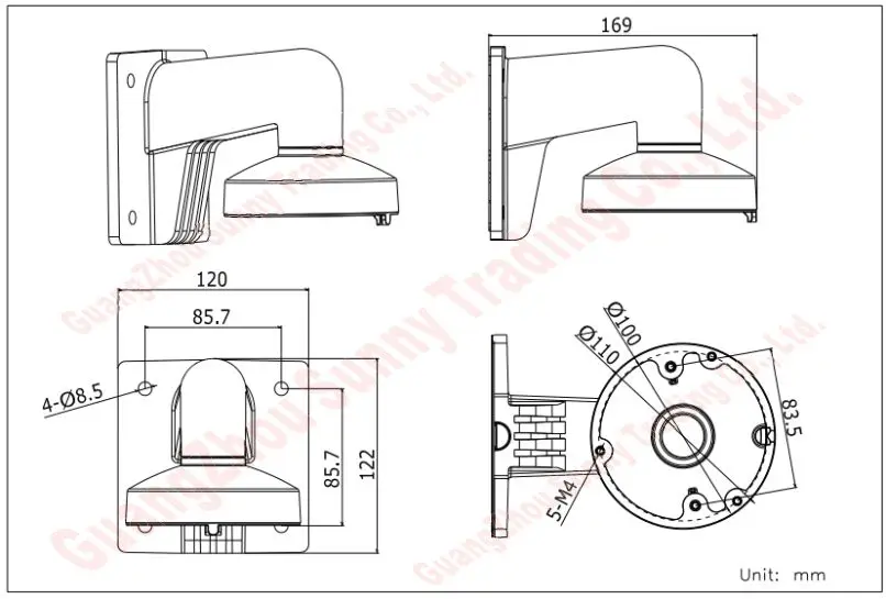 DS-1272ZJ-110 Wall Mount Aluminum Alloy Dome Bracket Suitable for Series DS-2CC51DXS-VPIR DS-2CD21XX(D)-I DS-2CD31XX(D)-I, Prom-