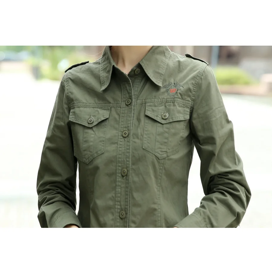 2024 Army Green Shirt Ladies Cotton Long Sleeve Badge Military Uniform Slim Blouses Plus Size 4XL 5XL Women Clothing