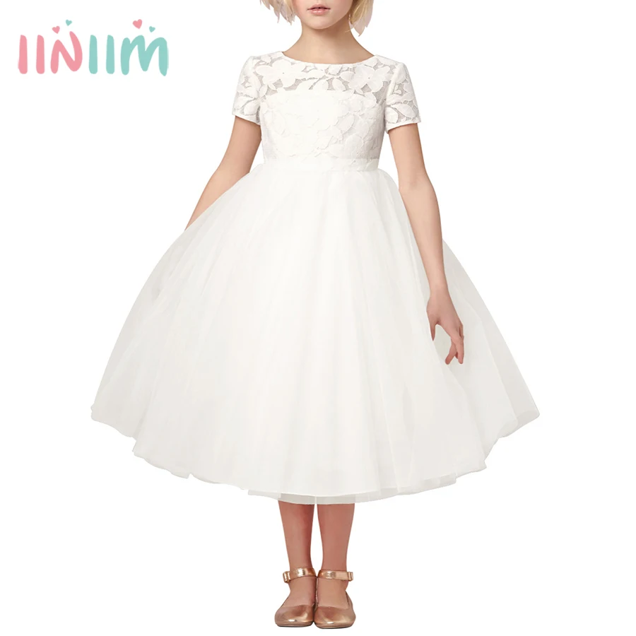 iiniim Flower Girls Dress White Ivory Real Vestidos Party Princess Dress Little Kids Children\'s Hollow Heart Dress for Wedding