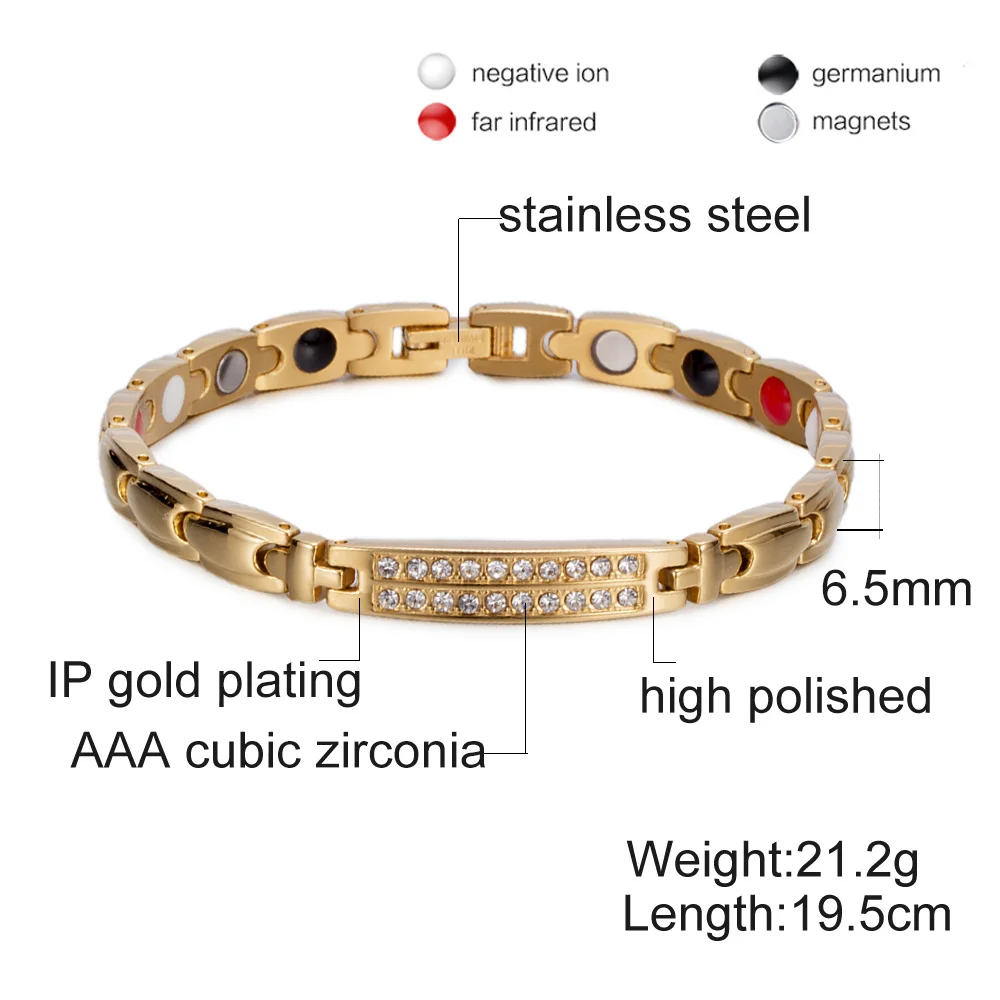 Vinterly Energy Magnetic Bracelets for Women Gold Color Crystal Chain Link Bracelets Stainless Steel Germanium ID Bracelet Femme