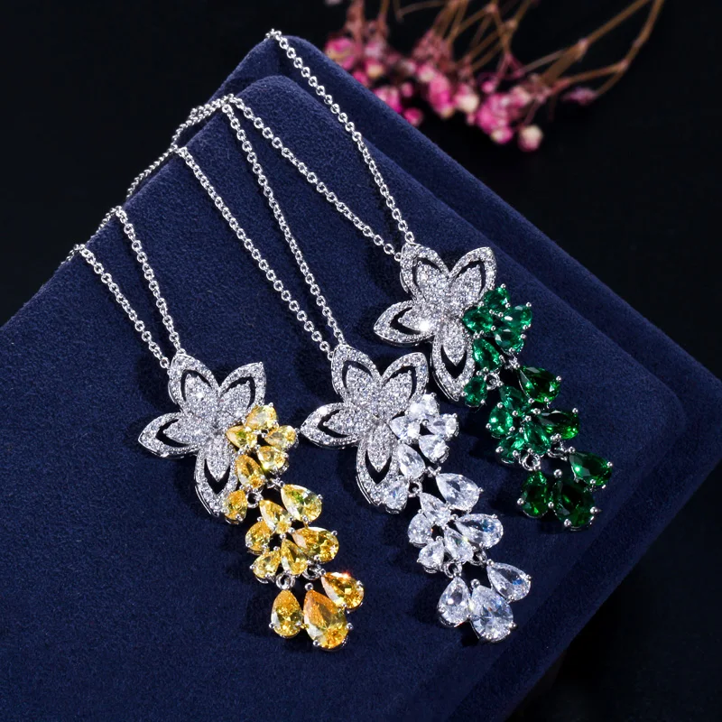 Pera Trendy AAA+ Water Cut Drop Necklace and Earrings Yellow Crystal Stone Fashion Women Party Silver Color Jewelry Sets J074