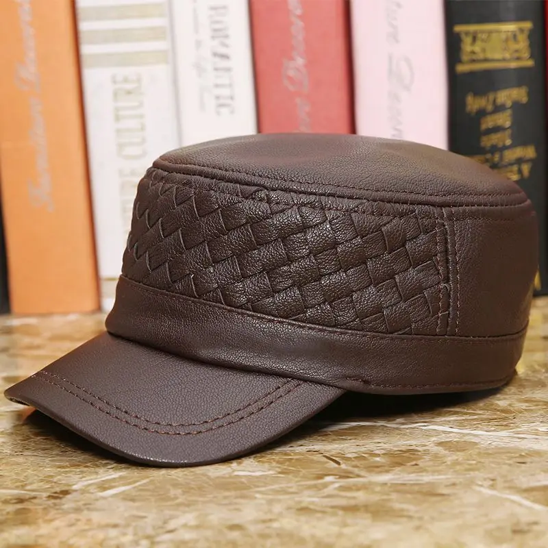 Leather Hat Men's Autumn Winter Sheepskin Weave Visor Cap Outdoor Casual Fashion Middle Age Elderly Genuine Leather Hats H7008