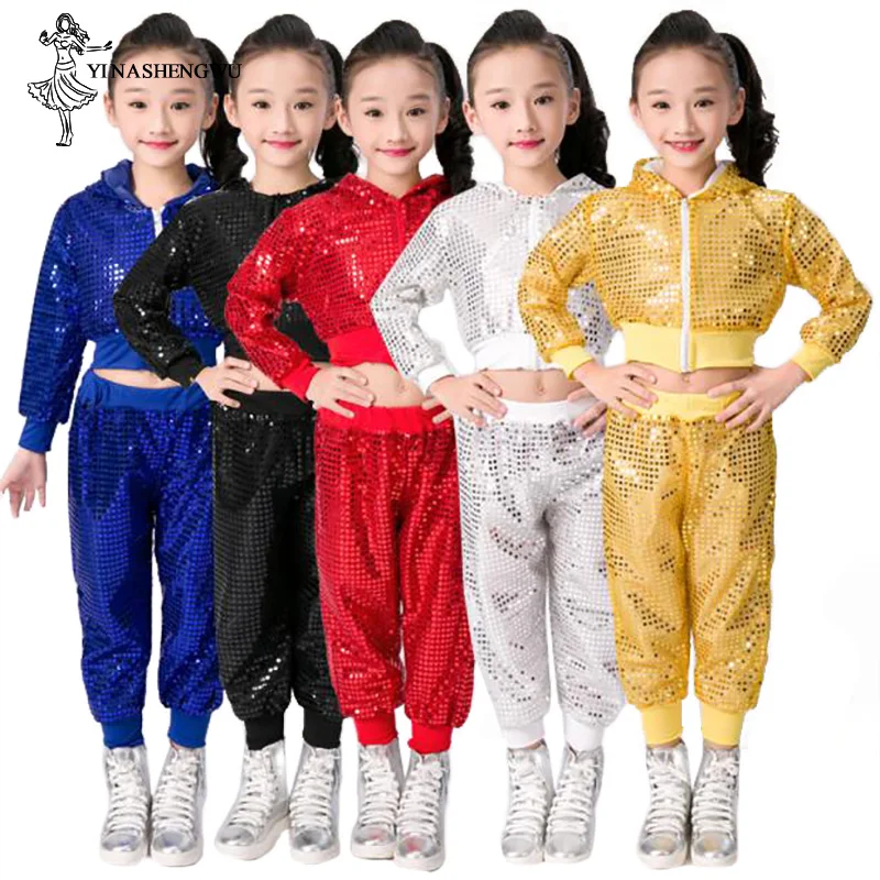 Child Jazz Dance Costumes performance Sequin Hip-hop Dance for Kids Team Top Pants Shining Clothes Dancewear Boys and Girls