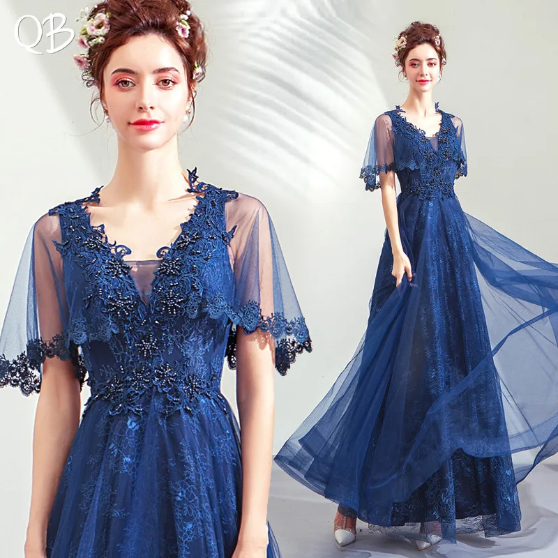 Navy Blue A-line V-neck Tulle Lace Beading Luxury Formal Evening Dresses 2020 New Fashion Bride Party Prom Dress XK211