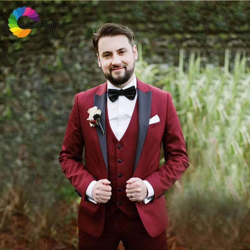 

Burgundy Men Suits for Wedding Custom Made Man Blazers Jacket 3Piece Pants Vest Slim Fit Groom Tuxedo Business Terno Masulino