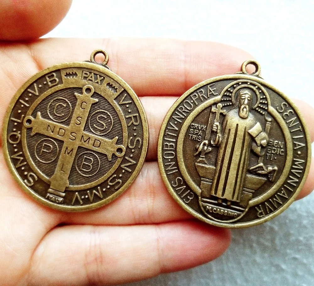 1pcs 40x50mm silver and bronze Christian sacramental containing symbols text related to the life of Saint Benedict of Nursia