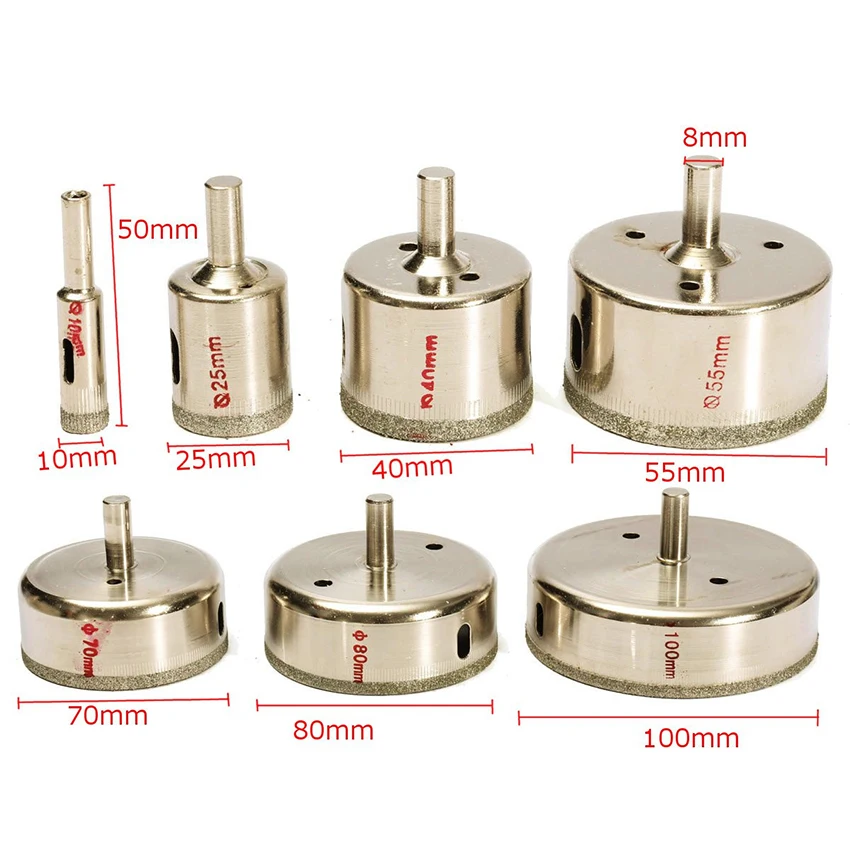 7 Pçs/set Diamond Revestido Buraco Saw Broca Ferramentas De Poder Broca Bits para Telha De Mármore De Vidro 10-100mm 10/25/40/55/70/80/100mm