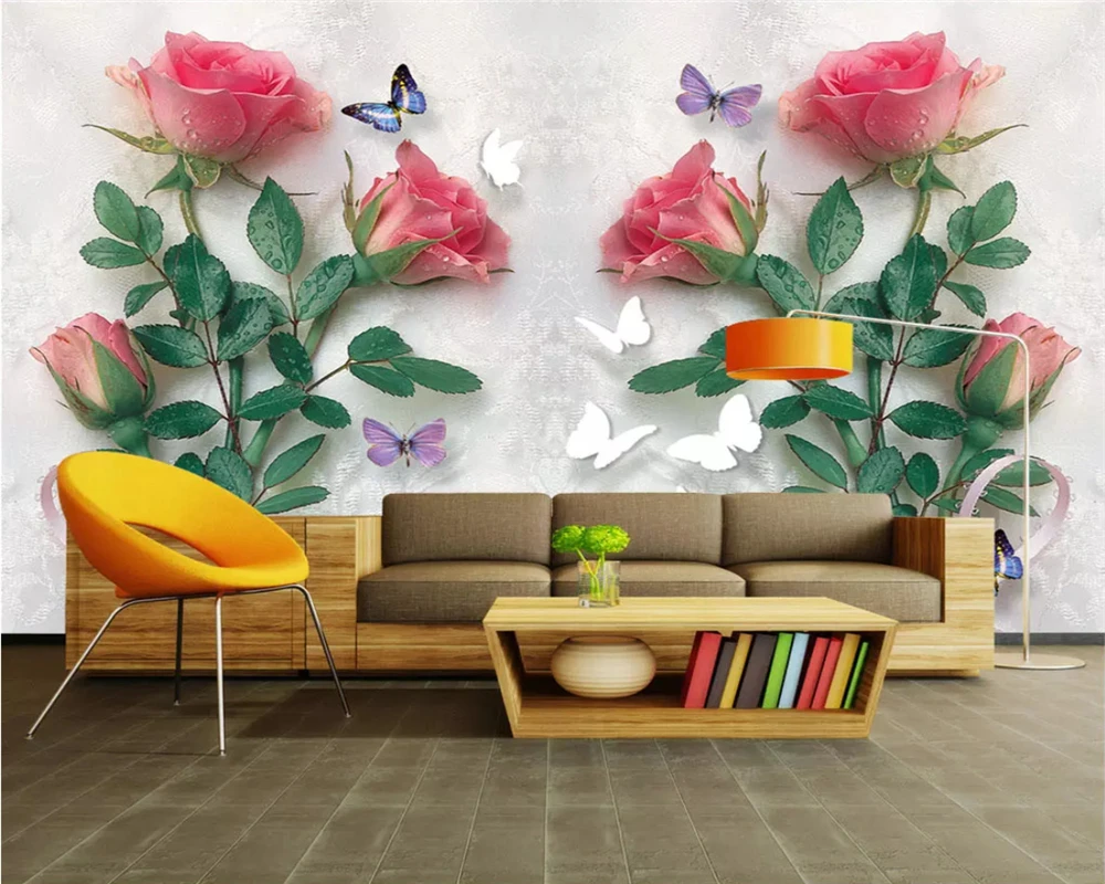 beibehang Custom wallpaper high quality Pink Rose Dream Fashion Flower butterfly TV Background Wall wallpaper for living room