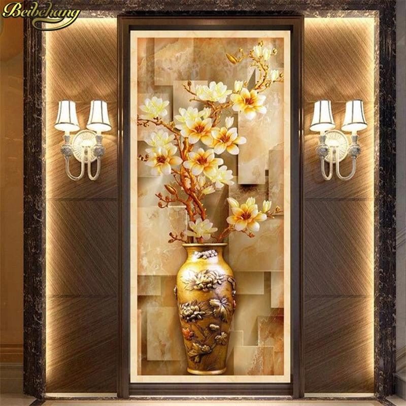 

3d photo wallpaper quality flash silver cloth entrance stereoscopic elegant magnolia vase large mural wallpaper