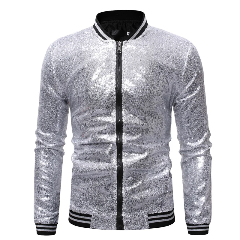 Shiny Sequins Sparkle Bomber Jacket Men 2019 Newest Gold Glitter Striped Zipper Mens Jackets And Coats Party Dance Show Clothes