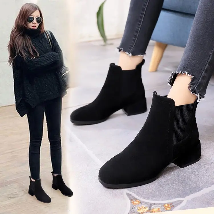 Autumn Winter Boots women Camel Black Ankle Boots For Women Thick Heel Slip On Ladies Shoes Boots Bota Feminina 35-41