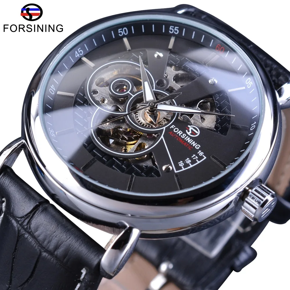 Forsining Silver Black Fashion Skeleton Design Leather Casual Transparent Steampunk Mens Automatic Wrist Watch Top Brand Luxury