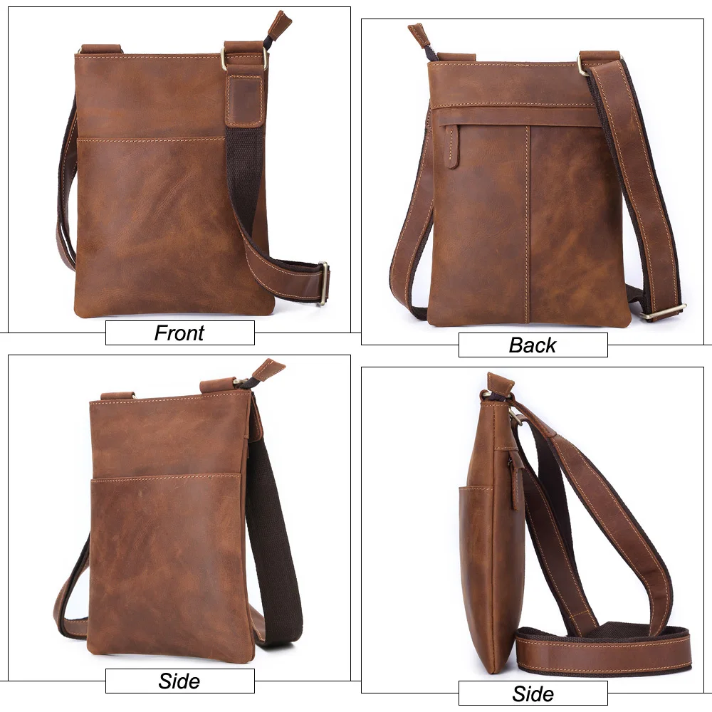 GENODERN Cowhide Men Messenger Bag Vintage Crazy Horse Leather Crossbody Bag for Men Luxury Small Shoulder Bag for Male