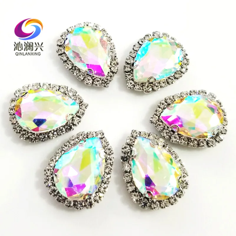 Top Grade Silver Bottom Glass Crystal Buckle, AB Color Drop Shape Sew on Rhinestones,Diy/wedding Decoration SWSKY06