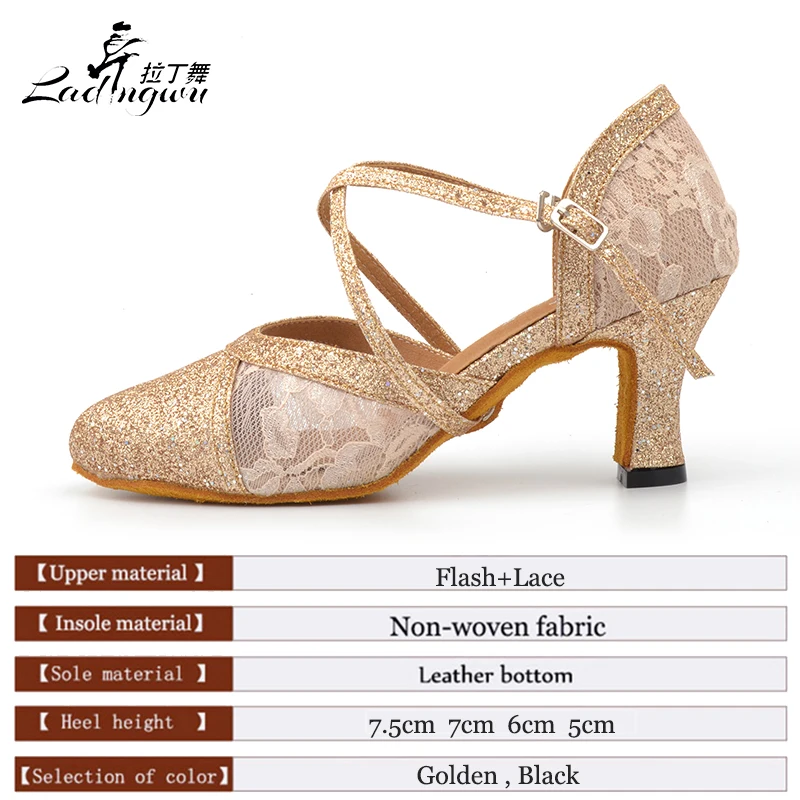 Ladingwu 2018 New Spring and Summer Closed toe Dance Shoes Latin Woman Salsa Flash Cloth And Lace Golden/Black Women Dance Shoes