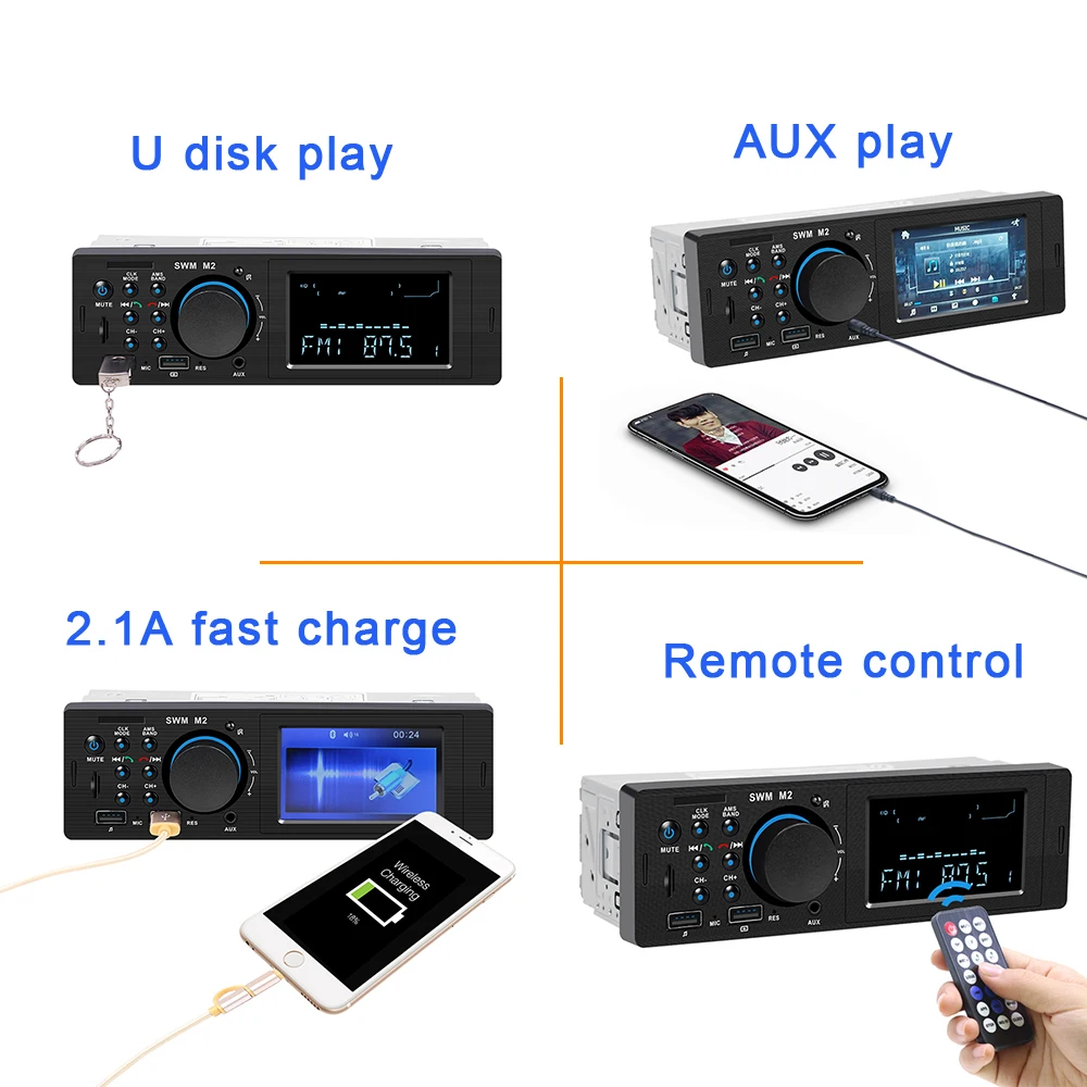 Car Radio Bluetooth Auto 12V Universal Stereo Music FM Aux Input Receiver Charging SD TF USB In Dash 1 Din MP3 Multimedia Player