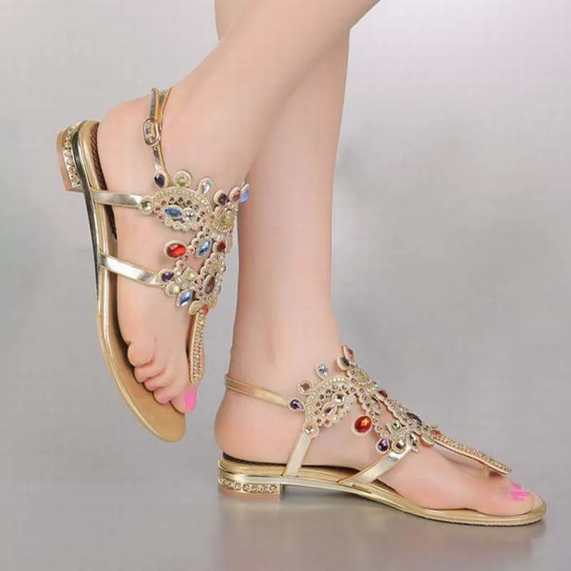 

Plus Size34-44 hot 2018 Luxury fashion Ladies Flat Rhinestone Sandals Women National Wind Bohemia Flip Flops Gladiator Sandalias