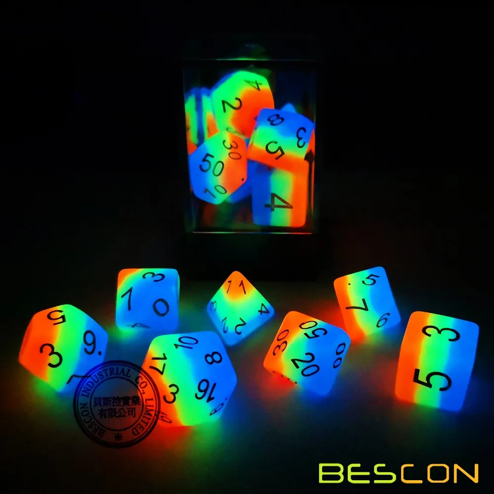 Bescon Gloeiende Polyhedrale Dobbelstenen 7 Pcs Set Franse Kus, Lichtgevende Rpg Dobbelstenen Glow In Dark, dnd Rol Playing Game Dobbelstenen