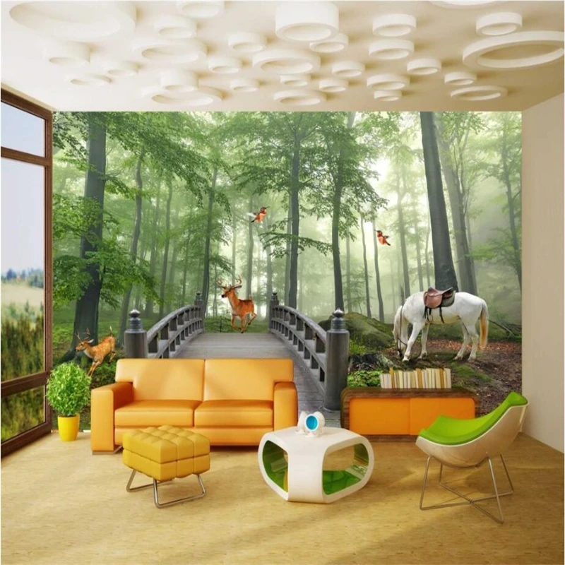 beibehang Custom Photo Wallpaper 3D Mural Landscape Trees Forest Horse Deer Stereo Trees Background Walls papel de parede